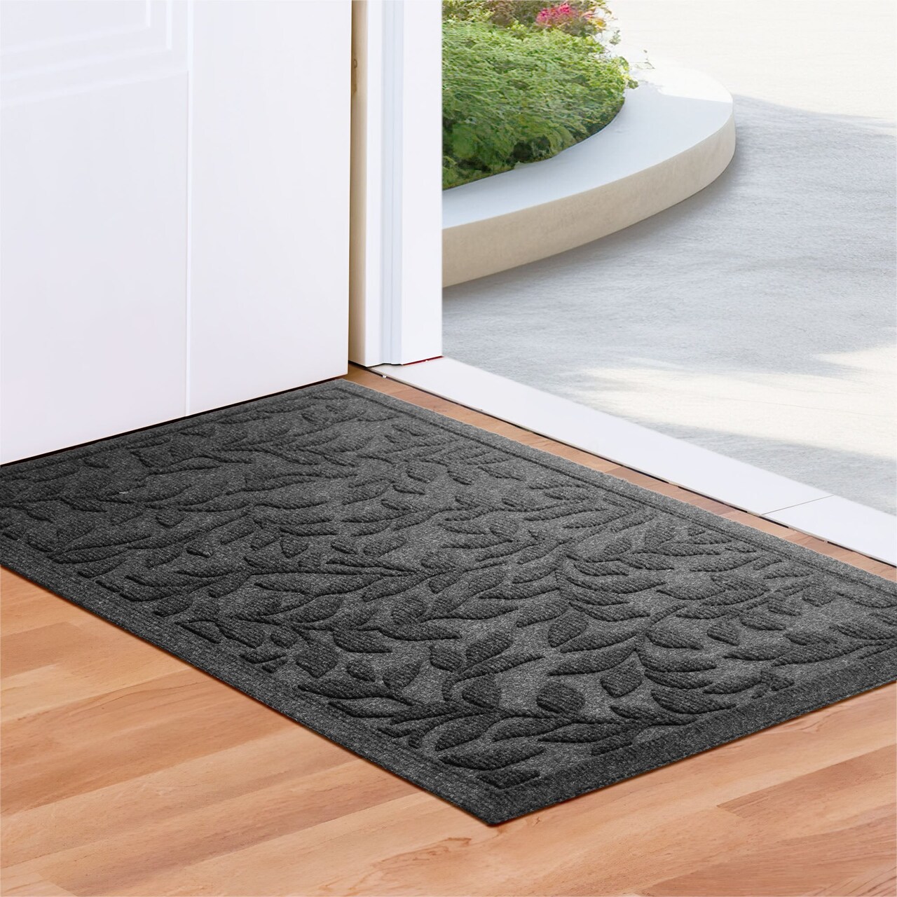 G128 Home Entrance Grey Leaves Door Mat | 17x29.5 In | Thick Absorbent Natural Rubber Non Slip, Indoor/Outdoor, Easy Clean, Welcome Mats for Front Door/Patio/Garage